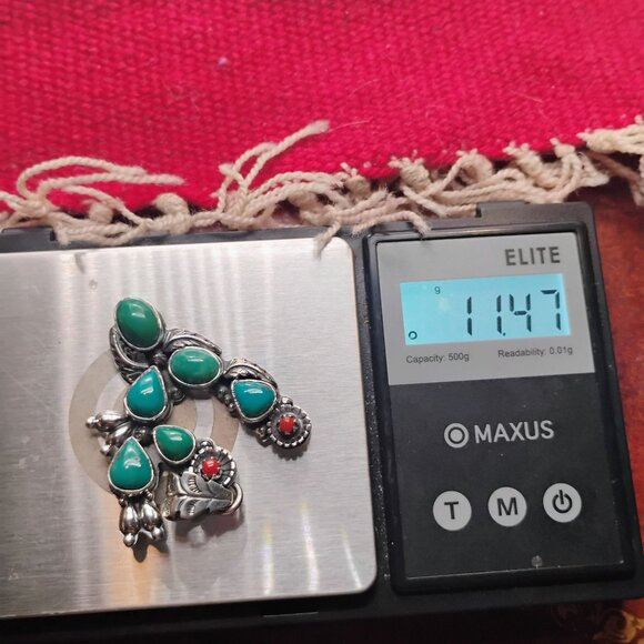 Turquoise & Coral Prickly Pear Cactus Pendant Sterling Silver Southwest Unisex - Picture 7 of 7